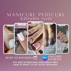 Könnte beinhalten: Vier Telefonbildschirme, die verschiedene Nagelkunstdesigns zeigen. Der Text auf den Bildschirmen lautet "Der perfekte Feinschliff", "Lass deine Fingerkuppe aufleveln", "Nagelglück ist nur einen Termin entfernt!" und "Hol dir deine wunderschöne Pediküre". Der Text "Ready-to-post reels" und "Nur kostenlose Elemente" ist ebenfalls sichtbar.