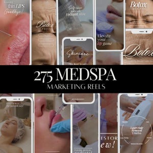 May include: A collection of digital marketing reels for a medical spa, featuring various aesthetic procedures like lip injections, laser hair removal, and skincare treatments. The graphics include text overlays such as Botox Facts, Skincare, and Medspa Marketing Reels.