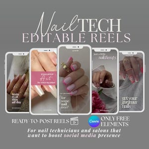 Peut inclure: Quatre écrans de téléphone avec des images de mains manucurées et des superpositions de texte. Le texte sur les écrans indique "Nails that slay all day", "Fingertip Art for every occasion", "Are you ready for some nail love?", "Just a little nail therapy", et "Get your gorgeous nails". Le texte "Ready-to-post Reels" et "Only Free Elements" se trouve en bas de l'image.