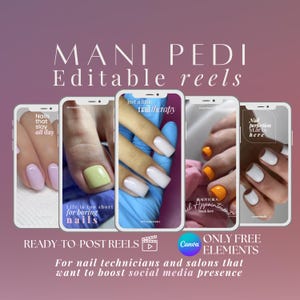 Könnte beinhalten: Vier Telefonbildschirme, die verschiedene Nageldesigns zeigen. Der Text auf den Bildschirmen lautet "Nails that slay all day", "Just a little nail therapy", "Ready for a nail appointment book here" und "Nail perfection starts here". Der Text "MANI PEDI Editable reels" befindet sich oben im Bild. Der Text "READY-TO-POST REELS" und "ONLY FREE ELEMENTS" befindet sich unten im Bild. Der Text "For nail technicians and salons that want to boost social media presence" befindet sich unten im Bild.