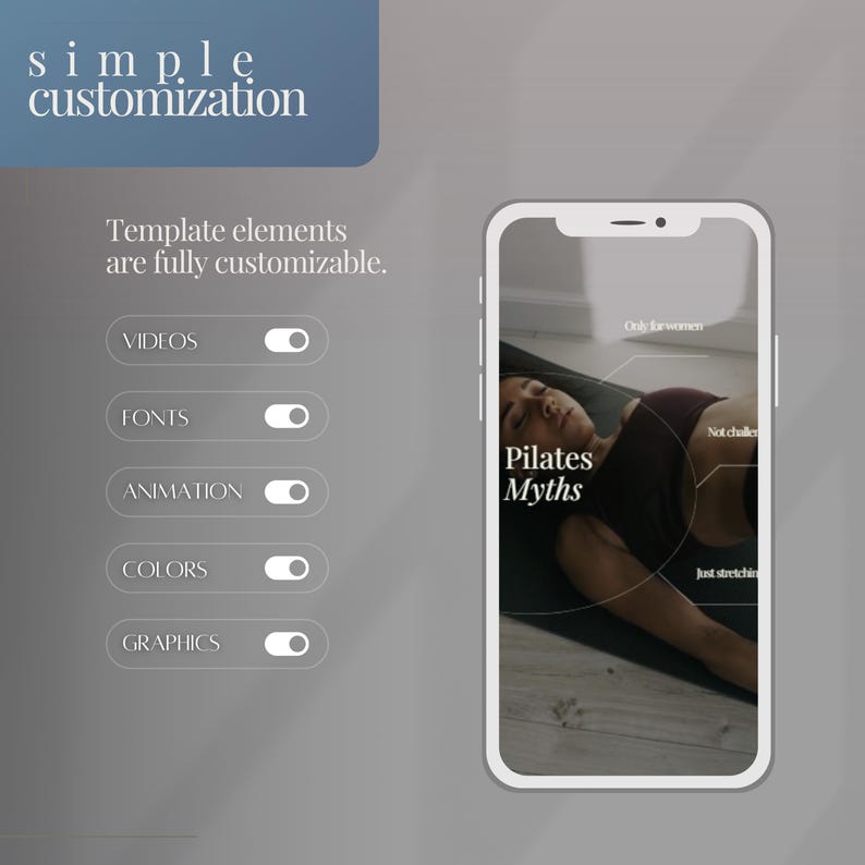 以下が含まれることがあります： スマートフォン画面には、人物の画像の上に「Pilates Myths」という文字が表示されています。電話の隣には、ビデオ、フォント、アニメーション、色、グラフィックのカスタマイズオプションを備えたパネルがあります。「テンプレート要素は完全にカスタマイズ可能です」というテキストも表示されています。