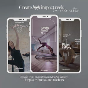 以下が含まれることがあります： ピラティスをテーマにしたコンテンツを表示する3つのスマートフォン画面。画面には、さまざまなピラティスのポーズをとる女性が映し出され、「Ready for that pilates magic?」や「Control. Breath. Flow.」などのテキストがオーバーレイされています。この画像は、ピラティススタジオ向けのプロフェッショナルなデザインを宣伝しています。