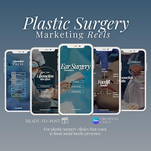 Puede incluir: Un gráfico promocional para clínicas de cirugía plástica, con cinco pantallas de teléfonos inteligentes que muestran información sobre procedimientos como liposucción, cirugía de oído y estiramientos faciales. El texto "Plastic Surgery Marketing Reels" está en la parte superior.