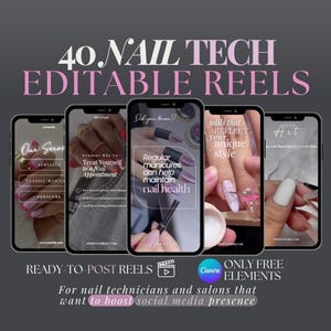 Könnte beinhalten: Vier Telefonbildschirme, die verschiedene Nageldesigns und Dienstleistungen zeigen, die von einem Nagelstudio angeboten werden. Der Text auf den Bildschirmen lautet "Unsere Dienstleistungen", "Gründe, warum Sie sich eine Maniküre gönnen sollten", "Wussten Sie schon? Regelmäßige Maniküren können dazu beitragen, die Gesundheit der Nägel zu erhalten", "Nägel, die Ihren einzigartigen Stil widerspiegeln" und "Nagelkunst".