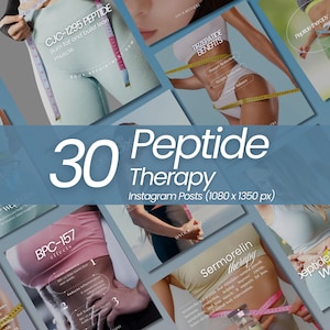 May include: A collage of images promoting peptide therapy, featuring text like "30 Peptide Therapy Instagram Posts" and graphics with measurements. The images highlight benefits such as fat loss and muscle building.