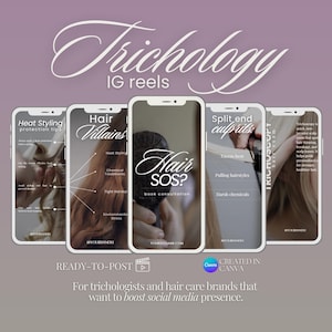 Op de afbeelding: Een grafische afbeelding voor trichologie Instagram reels, met vijf smartphone-mockups met haartips. Teksten omvatten "Heat Styling protection tips", "Hair Villains" en "Split end culprits". Klaar om te posten.