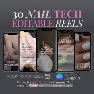 Könnte beinhalten: Eine Sammlung von vier Telefonbildschirmen, die Nagelkunstdesigns und Tipps für eine perfekte Maniküre zeigen. Der Text auf den Bildschirmen lautet "Nail goals on point", "Here's to the weekend and gorgeous nails!", "Pamper yourself with our range of nail services" und "3 Tips for Perfect Manicure". Der Text "Ready-to-post Reels" und "Only Free Elements" ist ebenfalls sichtbar.