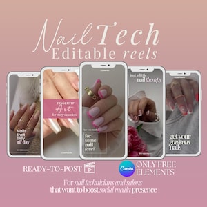 Könnte beinhalten: Fünf verschiedene Handy-Bildschirm-Mockups mit Bildern von manikürten Händen mit verschiedenen Nageldesigns. Der Text auf den Mockups lautet "Fingertip Art for every occasion", "Nails that slay all day", "Are you ready for some nail love?", "Just a little nail therapy", und "Get your gorgeous nails". Der Text "Ready-to-post" und "Only Free Elements" befindet sich am unteren Rand des Bildes.