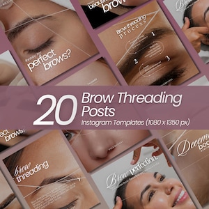 Peut inclure: Ensemble de 20 modèles Instagram pour les publications sur l'épilation des sourcils. Les modèles présentent des images de sourcils, le processus d'épilation et le texte "Ready for perfect brows?" dans une palette de couleurs neutres.