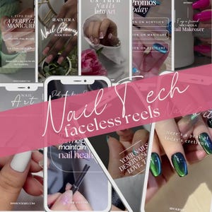Könnte beinhalten: Eine Collage von Bildern, die Nagelkunst-Dienstleistungen bewerben. Die Bilder zeigen verschiedene Nageldesigns, darunter eine weiße Spitzen-Maniküre, ein grün-blaues Ombre-Design und ein schwarz-grünes Katzenaugen-Design. Der Text auf den Bildern lautet "Nail Tech", "faceless reels", "Ready for a Nail Glow Up", "Turn Your Nails into Art" und "Promos Today".