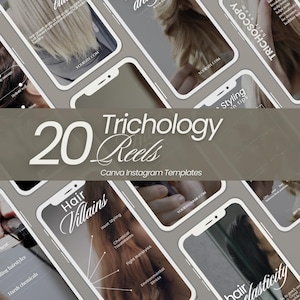 Op de afbeelding: Een digitaal grafisch ontwerp met 20 Canva Instagram-sjablonen "Trichology Reels". Het ontwerp bevat afbeeldingen van haar en tekst op een grijze achtergrond. De tekst bevat "Hair Villains", "Styling tips" en "Hair elasticity".