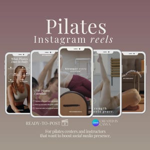 以下が含まれることがあります： ピラティスのInstagramリール用のプロモーション画像。画像には、ピラティスのエクササイズとテキストが表示された5つのスマートフォンの画面が表示されています。テキストには「Pilates Instagram reels」、「What Pilates Does to Body」、「3 Pre-Pilates Essentials」、「Stronger every session!」が含まれています。画像には「READY-TO-POST」と「CREATED IN CANVA」のテキストも含まれています。