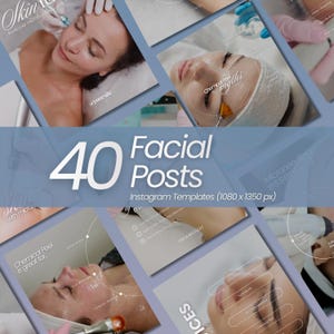 May include: A collection of 40 Instagram templates for facial treatments. The templates feature images of facial procedures, with text overlays including "Skin", "Chemical Peel", and "Microneedling essentials". The overall color scheme is blue and white.