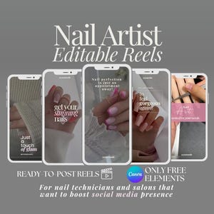 Peut inclure: Cinq maquettes d'écran de téléphone avec différents designs d'art d'ongles et des superpositions de texte. Le texte comprend "Just a touch of glam", "get your stunning nails", "Nail perfection is just an appointment away!", "Are you ready to feel gorgeous again?", et "Nail Art curated for your needs".