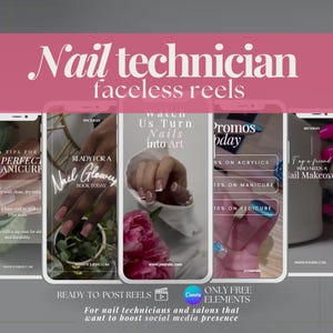 Könnte beinhalten: Eine Collage aus fünf Telefonbildschirmen, die verschiedene Werbe-Reels für ein Nagelstudio zeigen. Die Reels enthalten Texte wie "Ready for a Nail Glow Up", "Watch Us Turn Nails into Art" und "Promos Today".