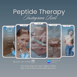 Puede incluir: Un gráfico promocional para los Reels de Instagram de Peptide Therapy, con cinco maquetas de teléfonos inteligentes. Cada pantalla muestra información sobre la terapia de péptidos, incluidos los beneficios, los hechos y los mitos. El gráfico está diseñado para enfermeras inyectoras y clínicas de bienestar.