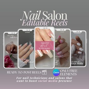 Peut inclure: Quatre écrans de téléphone présentant des designs d'art des ongles avec des superpositions de texte. Le texte comprend "Nail Salon Editable Reels", "Just a little nail therapy", "Nail art is self-care", "Fingertip Art for every occasion", "You ready for some nail love?", et "Let's glam up your nails".