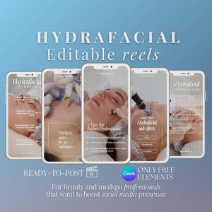 Puede incluir: Imagen promocional para reels editables de Hydrafacial. La imagen presenta cinco teléfonos inteligentes que muestran diferentes aspectos del proceso de Hydrafacial, incluido el cuidado anterior y posterior. El texto incluye "Perfect skin in 30 minutes" y "Para profesionales de la belleza y medspa."