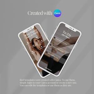 以下が含まれることがあります： ピラティス関連のコンテンツを表示する2つのスマートフォン。1つの画面には「What Pilates Does to Body」、もう1つには「To Do After Pilates」と表示されています。Canvaのロゴが見えます。下部のテキストは、テンプレートの使用方法を説明しています。