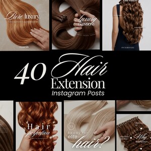 Può includere: Un collage di immagini che mostrano varie extension per capelli. Le immagini mostrano diversi colori e stili di capelli, tra cui texture ondulate e lisce. Il testo include "Pure luxury", "Luxury Extensions" e "Hair perfection".