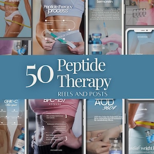 Puede incluir: Un collage de imágenes con texto sobre terapia de péptidos. La imagen central muestra "50 Peptide Therapy Reels and Posts". Otras imágenes muestran medidas corporales, inyecciones y texto que detalla beneficios y procesos.