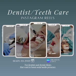 Może przedstawiać: Obraz promocyjny dla dentystów i klinik stomatologicznych, przedstawiający serię ekranów smartfonów wyświetlających informacje o pielęgnacji zębów. Ekrany pokazują tekst, taki jak "Hello, healthy teeth!" i "Invest in your smile!" Obraz jest oznaczony jako "Dentist/Teeth Care INSTAGRAM REELS."
