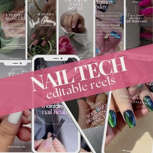 Könnte beinhalten: Eine Collage von Bildern, die Nagelpflege-Dienstleistungen bewerben. Die Bilder zeigen manikürte Nägel mit verschiedenen Designs, darunter ein grün-blaues schillerndes Design, ein Design mit weißem Tipp und ein rotes Design. Der Text "NAIL TECH editable reels" ist über die Bilder gelegt.
