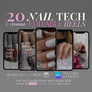 Könnte beinhalten: Ein Set mit 20 editierbaren Social-Media-Reels für Nageltechniker und Salons. Die Reels zeigen Bilder von manikürten Nägeln und Text wie "Tipp des Tages", "Bleiben Sie gepflegt und fabelhaft", "Weil Sie es wert sind", "Sehen Sie zu, wie wir Nägel in Kunst verwandeln" und "Auffrischen und glänzen".