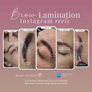 Puede incluir: Anuncio para reels de Instagram sobre laminación de cejas. La imagen muestra cinco pantallas de teléfonos inteligentes que muestran imágenes de primer plano de cejas. El texto en las pantallas incluye "Brow Lamination", "Stunning eyebrows" y "Natural but better!". Para salones de belleza.