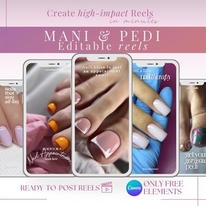 Könnte beinhalten: Drei Telefonbildschirme, die verschiedene Nageldesigns zeigen. Der erste Bildschirm zeigt eine pinkfarbene und orangefarbene Pediküre mit dem Text "Bereit für einen Nageltermin, buchen Sie hier". Der zweite Bildschirm zeigt eine pinkfarbene und weiße Maniküre mit dem Text "Nagelglück ist nur ein Termin entfernt!". Der dritte Bildschirm zeigt eine weiße Maniküre mit dem Text "Einfach ein bisschen Nageltherapie".