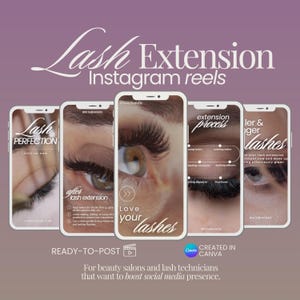 Puede incluir: Imagen promocional para servicios de extensiones de pestañas, con cinco smartphones que muestran imágenes de cerca de ojos con extensiones de pestañas. El texto incluye "Lash Extension Instagram reels", "Lash Perfection" y "Love your lashes". Para salones de belleza.