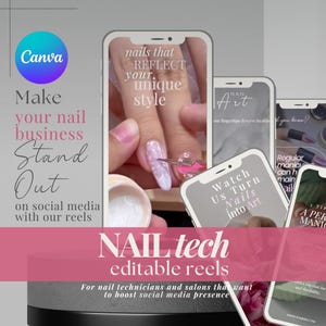 Könnte beinhalten: Eine Collage aus vier Smartphone-Bildschirmen, die Nagelkunstdesigns und Tutorials zeigen. Der Text "NAIL tech editable reels" wird in einem rosa Banner angezeigt. Der Text "Für Nageltechniker und Salons, die ihre Social-Media-Präsenz stärken möchten" wird unter dem Banner angezeigt.