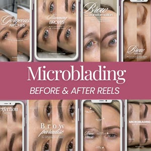 May include: A promotional image showcasing microblading services, featuring before and after photos of eyebrows on mobile phone screens. Text includes "Gorgeous Arches," "Stunning Brows," and "Brow Transformation."