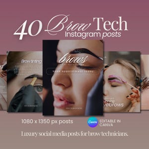 以下が含まれることがあります： 40個のInstagram投稿テンプレートを備えた、眉毛技術者向けのプロモーション画像。眉毛のトリートメントの画像が含まれており、「Brow Tech」、「Brows that turn heads」、「Book appointment today」などのテキストオーバーレイがあります。投稿は1080 x 1350 pxで、Canvaで編集可能です。
