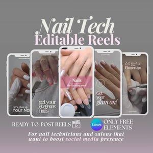 Könnte beinhalten: Vier Telefonbildschirm-Mockups, die verschiedene Nagelkunstdesigns zeigen. Der Text auf den Bildschirmen lautet "Let's glam up your nails", "Get your gorgeous nails", "Nails the finishing touch" und "Get your glam on!" Der Text am unteren Rand des Bildes lautet "READY-TO-POST REELS Canva ONLY FREE ELEMENTS For nail technicians and salons that want to boost social media presence".