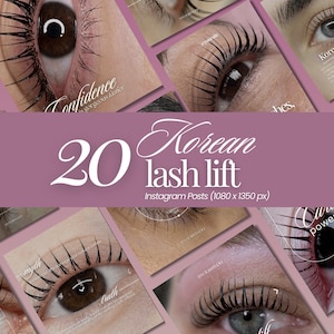 Könnte beinhalten: Eine Collage von Nahaufnahmen von Augen mit langen, dunklen, gelockten Wimpern. Das zentrale Bild zeigt den Text "20 Korean lash lift Instagram Posts (1080 x 1350 px)". Zusätzlicher Text enthält "confidence is gorgeous lashes".