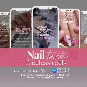 Könnte beinhalten: Eine Collage aus vier Smartphone-Bildschirmen mit Tipps für Nageldesigner. Der Text auf den Bildschirmen lautet "Wusstest du? Regelmäßige Maniküren können dazu beitragen, die Gesundheit der Nägel zu erhalten", "Gründe, sich eine Maniküre zu gönnen", "Nägel, die DEINEN einzigartigen Stil REFLEKTIEREN", und "Zu Ihren Diensten". Der Text "Nail tech faceless reels" wird unter den Bildschirmen angezeigt. Der Text "READY TO POST REELS" wird unter dem Text "Nail tech faceless reels" angezeigt. Der Text "ONLY FREE ELEMENTS" wird unter dem Text "READY TO POST REELS" angezeigt. Der Text "Für Nageldesigner und Salons, die ihre Social-Media-Präsenz stärken möchten." wird unter dem Text "ONLY FREE ELEMENTS" angezeigt.