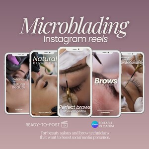 Peut inclure: Image promotionnelle pour les reels Instagram de microblading. L'image présente cinq écrans de smartphone affichant des images en gros plan de procédures de microblading des sourcils. Le texte comprend "Microblading", "Instagram reels" et "Enhancing your Natural Beauty."