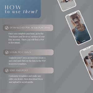 以下が含まれることがあります： 「HOW to use them?」のテキストと、「DOWNLOAD PDF AFTER PURCHASE」、「LOGIN TO CANVA」、「EDIT AND POST」の指示があるグラフィック。複数のスマートフォンがフィットネス関連のコンテンツを表示しています。背景はグレーとブルーのグラデーションです。