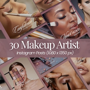 Peut inclure: Une image promotionnelle pour le maquillage, présentant un collage de publications Instagram. Le texte central annonce "30 Makeup Artist Instagram Posts (1080 x 1350 px)". Des images individuelles montrent l'application du maquillage, avec des superpositions de texte.