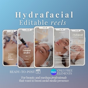 Könnte beinhalten: Ein digitales Grafikdesign mit fünf Smartphones, die Inhalte zum Thema Hydrafacial anzeigen. Die Bildschirme zeigen Texte wie "Perfect skin in 30 minutes" und "Hydrafacial side effects". Das Bild enthält auch den Text "READY-TO-POST" und "For beauty and medspa professionals".