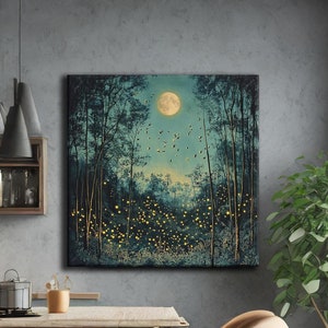 Moon & Stars Wall Art | Vintage Dark Forest Landscape | Mystical Night Sky Canvas Decor | Farmhouse Print