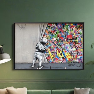 Hinter dem Vorhang Banksy Canvas | Graffiti Wandbild | Stilvolles Wanddekor für Fans der zeitgenössischen Straßenkunst