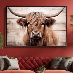 Highland Cow Canvas Print | Farmhouse Cattle Art with Wooden Background | Rustic Country Wall Decor | Extra Large Wall Art