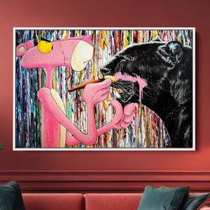 Arte de pared en lienzo de arte pop de pantera, pintura de cultura pop, pintura de graffiti, lienzo de arte callejero, arte de pared de pantera rosa, arte de pared de arte pop