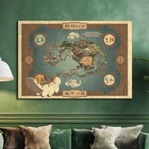 Avatar The Last Airbender Weltkarte Leinwand Kunst | Vier-Nationen-Kartenposter oder fertig zum Aufhängen vorhandene Leinwand für Heim- und Bürodekor