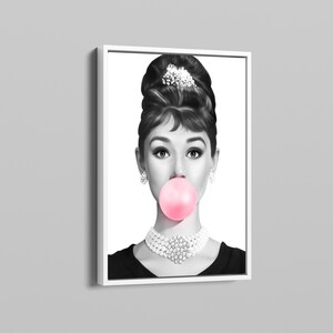 Lienzo con chicle de Audrey Hepburn, decoración de pared rosa de moda, póster de mujer famosa y arte de moda para el hogar y la oficina