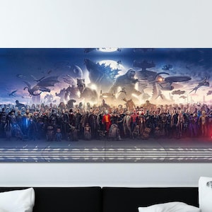 Blockbuster Fine Art Panorama Leinwanddruck, 150 Film Blockbuster Charaktere Panorama, Film-Panorama auf Leinwand, Eye Catcher Film Fan Geschenk