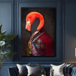 Flamingo Renaissance Portrait Canvas – Vintage Animal Art – Human Body Animal Head Print – Quirky Altered Wall Art