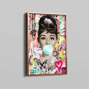 Audrey Hepburn Canvas, Bubble Gum Print, Wall Art Canvas, Hepburn Pink Lips, Modern Poster, Audrey Artwork, Movie Actress, Banksy Graffiti